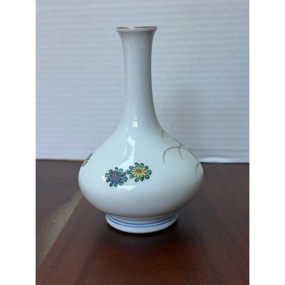Vintage Japanese Kutani‎ Porcelain Bud Vase Floral Peony Gold Trim Hand Painted